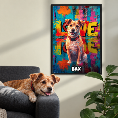 Poster street art personalizzati con foto di cane, sfondo colorato e la parola "LOVE".