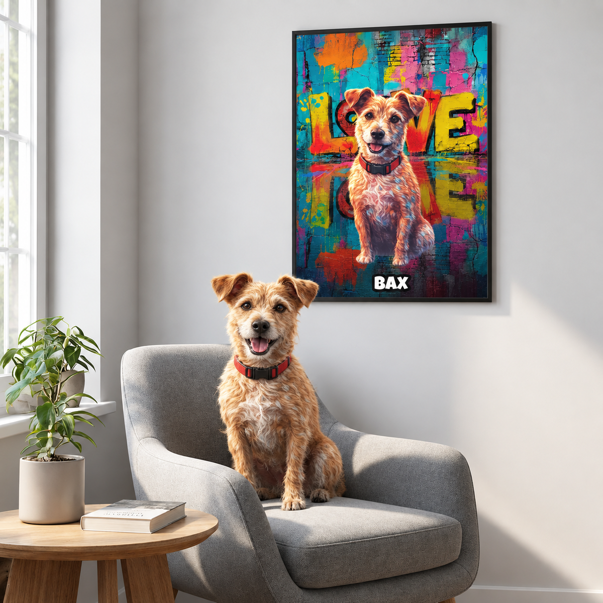 Poster personalizzato in stile street art di un cane, sfondo colorato, il nome "BAX" in basso.