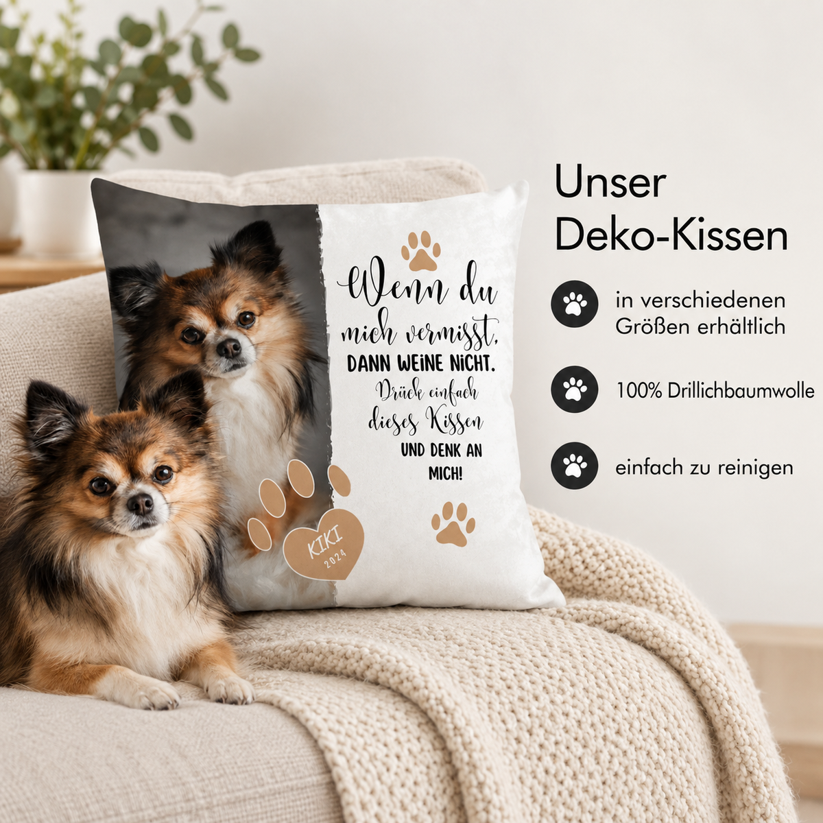 Cuscino decorativo personalizzato con foto di cane, scritta e impronte, 100% cotone.