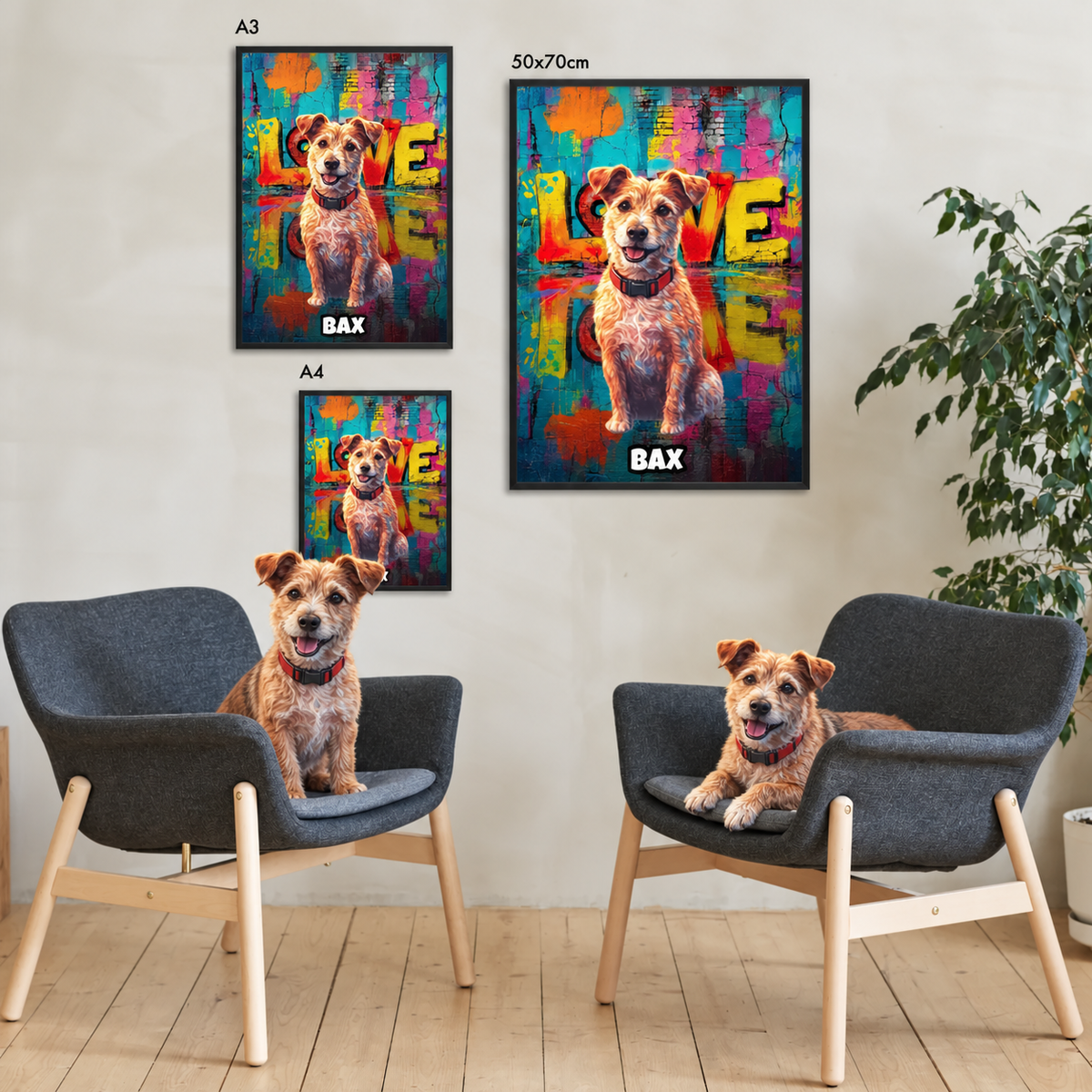 Un soggiorno con due poltrone, due poster street art personalizzati e un cane al centro.