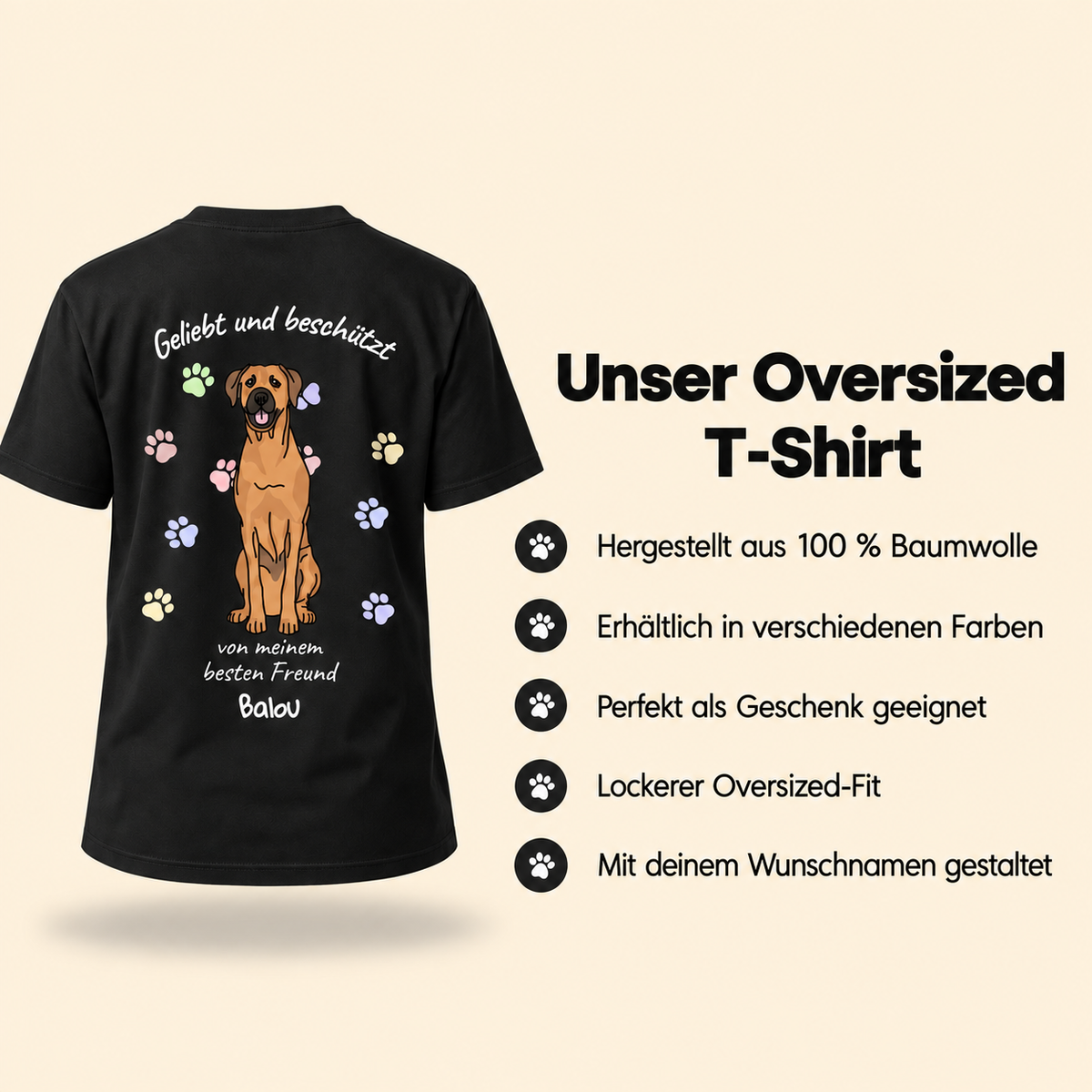 T-shirt nera in 100% cotone con ritratto di cane e il testo "Geliebt und beschützt".
