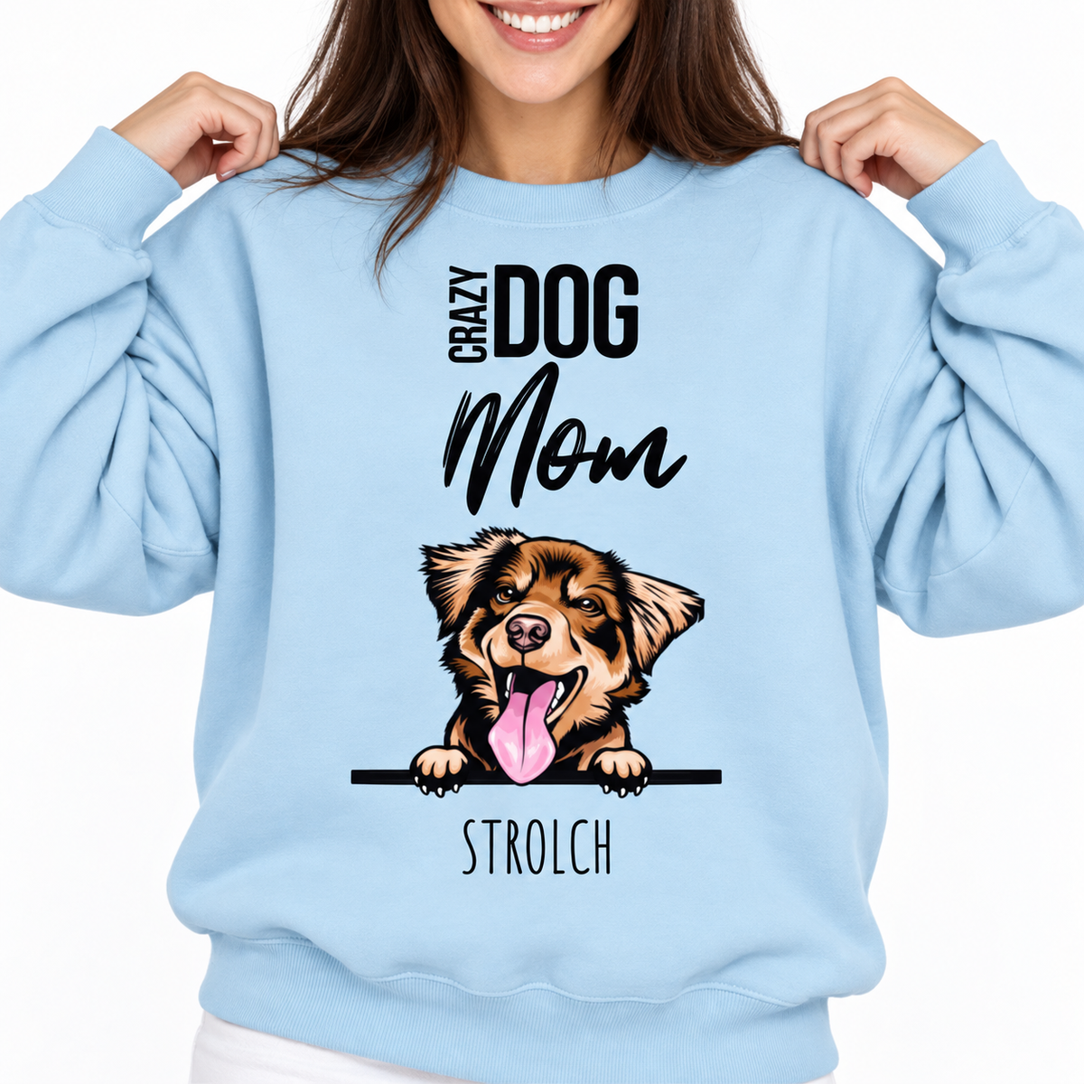 Felpa azzurra con motivo di cane e la scritta "Crazy Dog Mom". Ideale per genitori di animali.