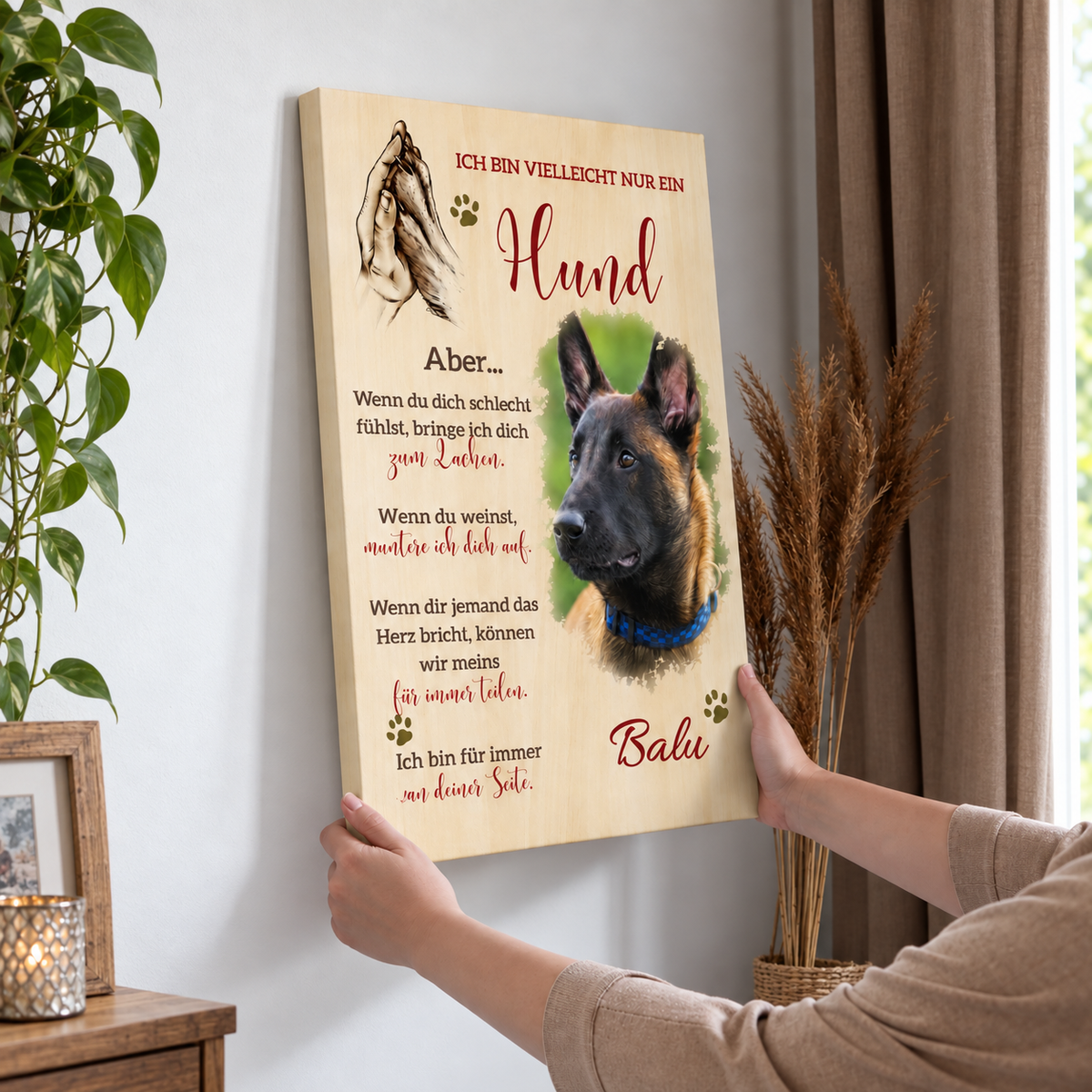 Tela personalizzata con foto di cane e frasi caratteristiche effetto legno. Colori: beige e marrone.
