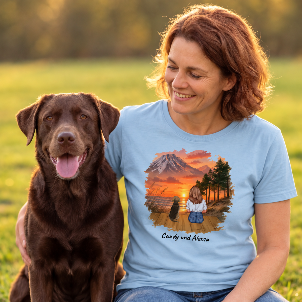 T-shirt blu con stampa grafica di una donna e il suo cane davanti a un paesaggio montano.