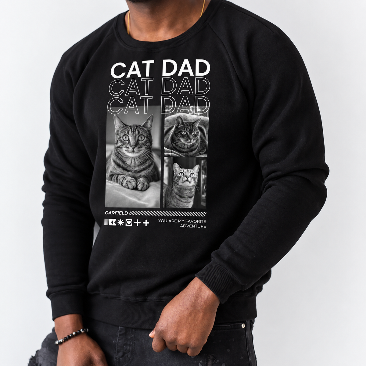 Felpa nera con motivo di gatto e il testo "Cat Dad", personalizzata per gli amanti dei gatti.