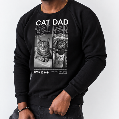 Felpa nera con motivo di gatto e il testo "Cat Dad", personalizzata per gli amanti dei gatti.