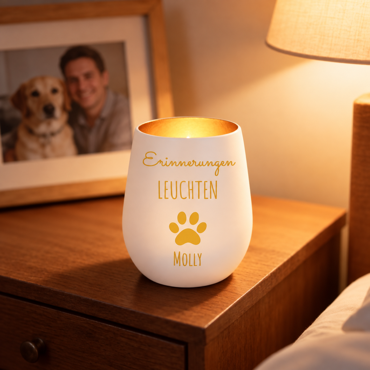 Lumino commemorativo bianco personalizzato con scritta dorata e impronta, su un tavolo in legno.