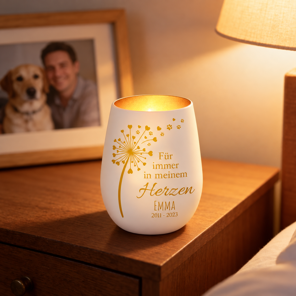 Lumino commemorativo in ceramica bianca personalizzato con scritta dorata e design a foglie, su un comodino.