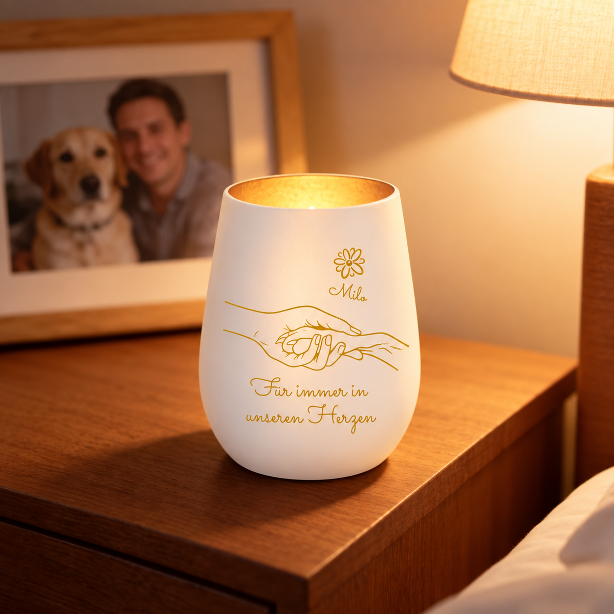 Candela commemorativa in vetro personalizzata con scritta dorata e design di mani, brilla dolcemente su un comodino.