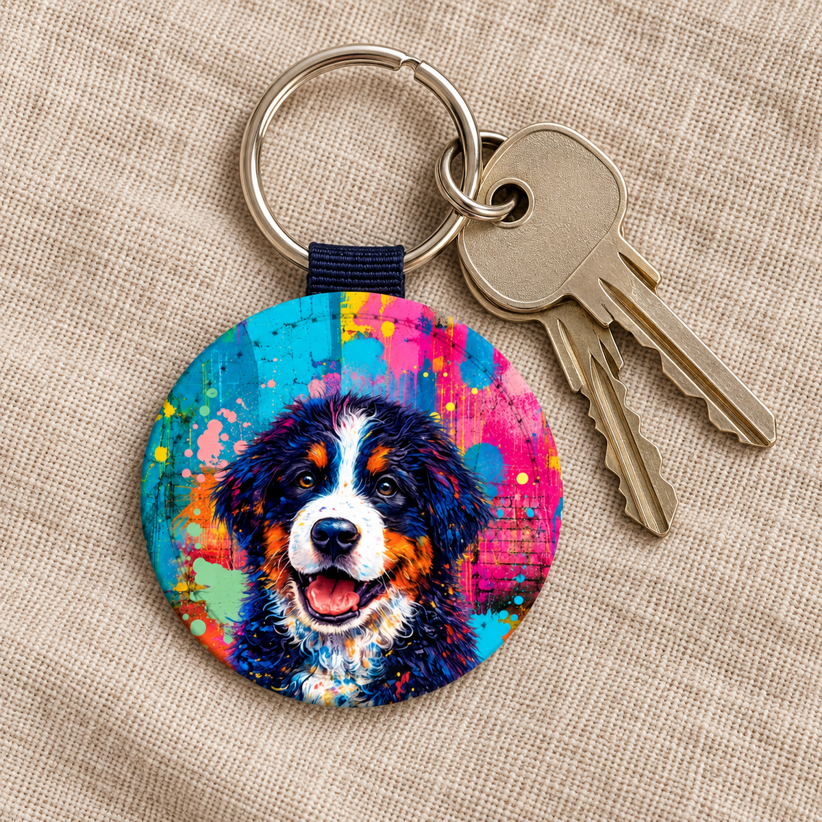 Portachiavi rotondo con colorato design street art di un cane, anello in metallo e chiave.