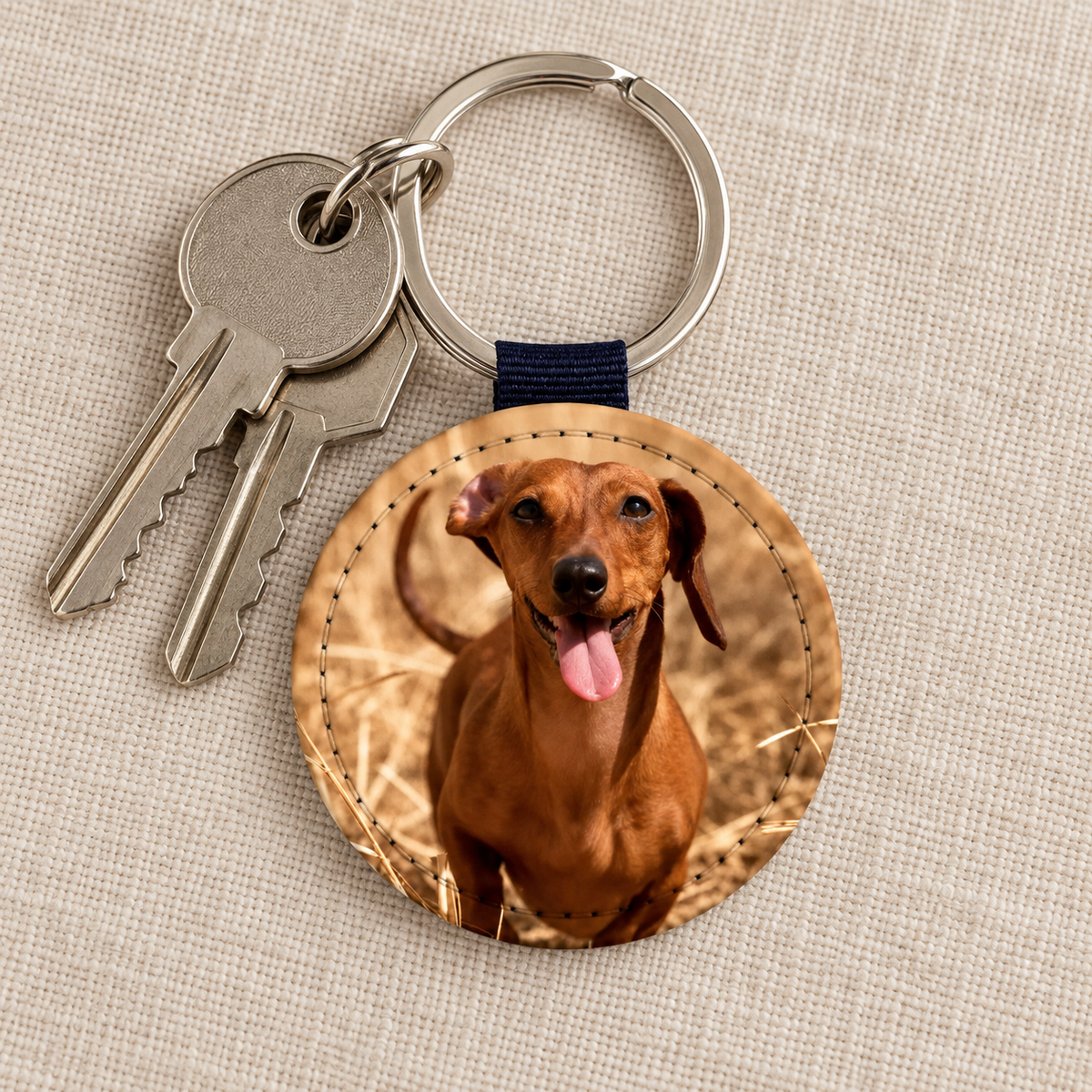 Portachiavi rotondo con foto di cane personalizzata, anello in metallo e laccetto blu.