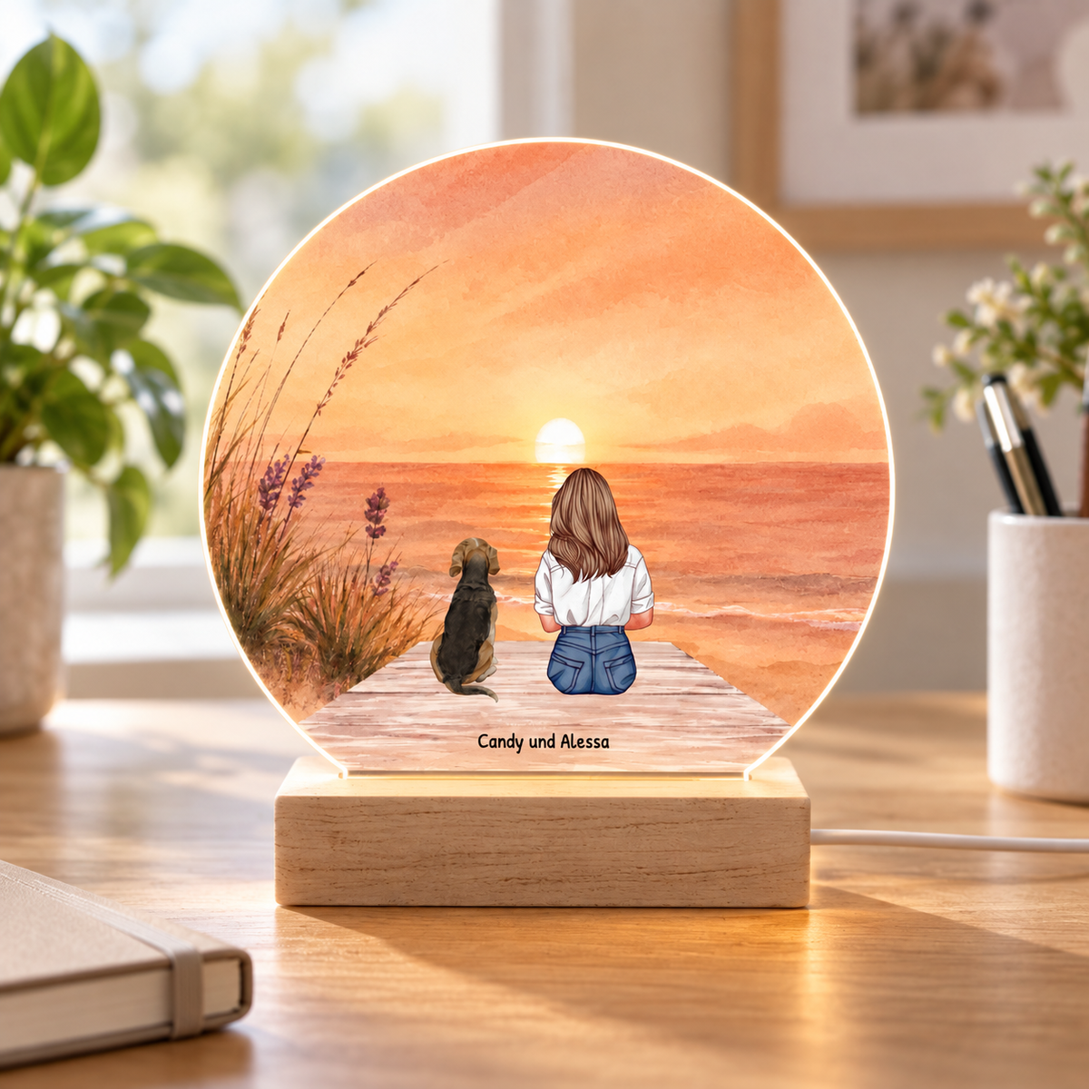 Luce notturna LED personalizzabile con illustrazione di una ragazza e un cane al tramonto. Base in legno.