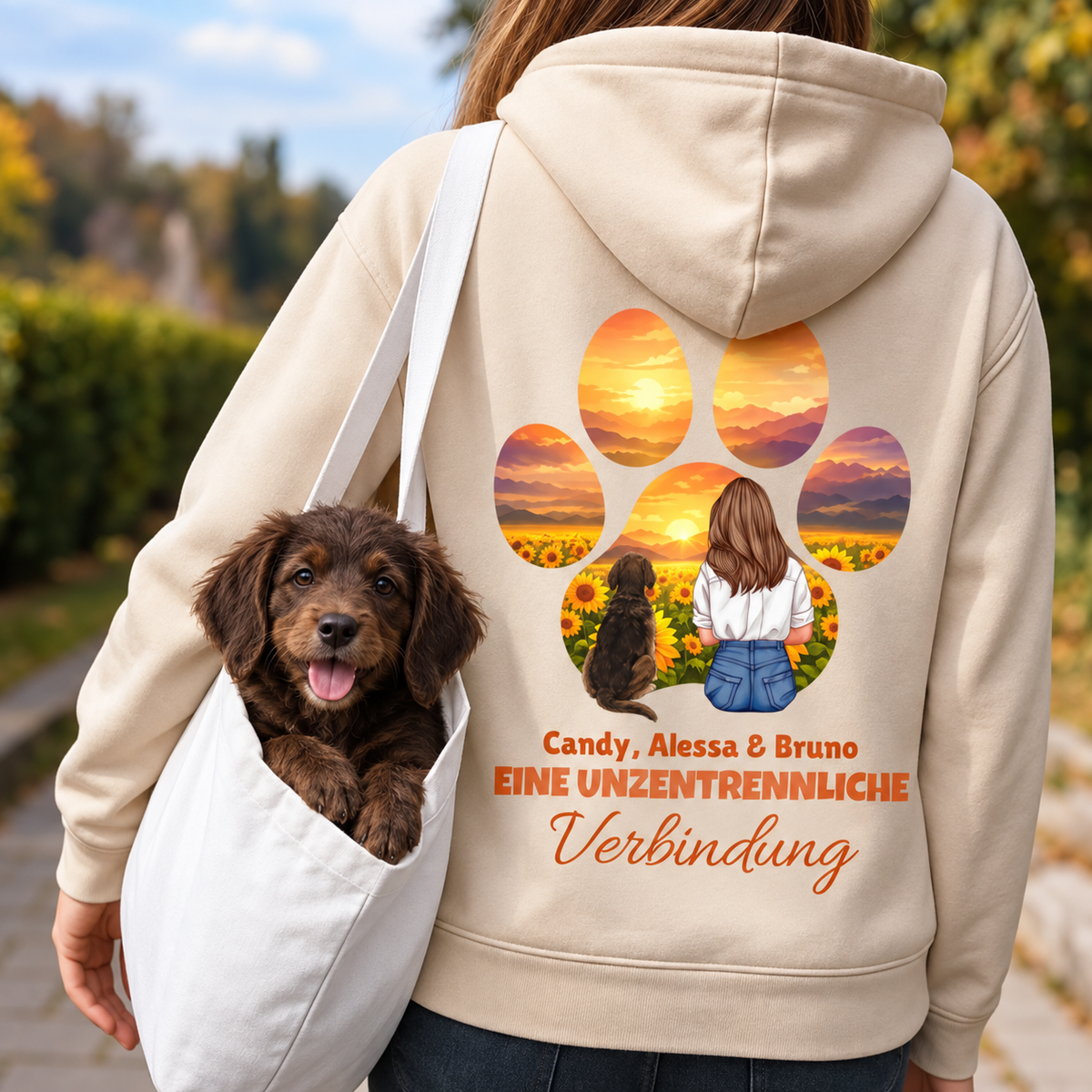 Felpa con cappuccio beige con design a zampa, una donna con cani in un paesaggio di girasoli. Personalizzabile.