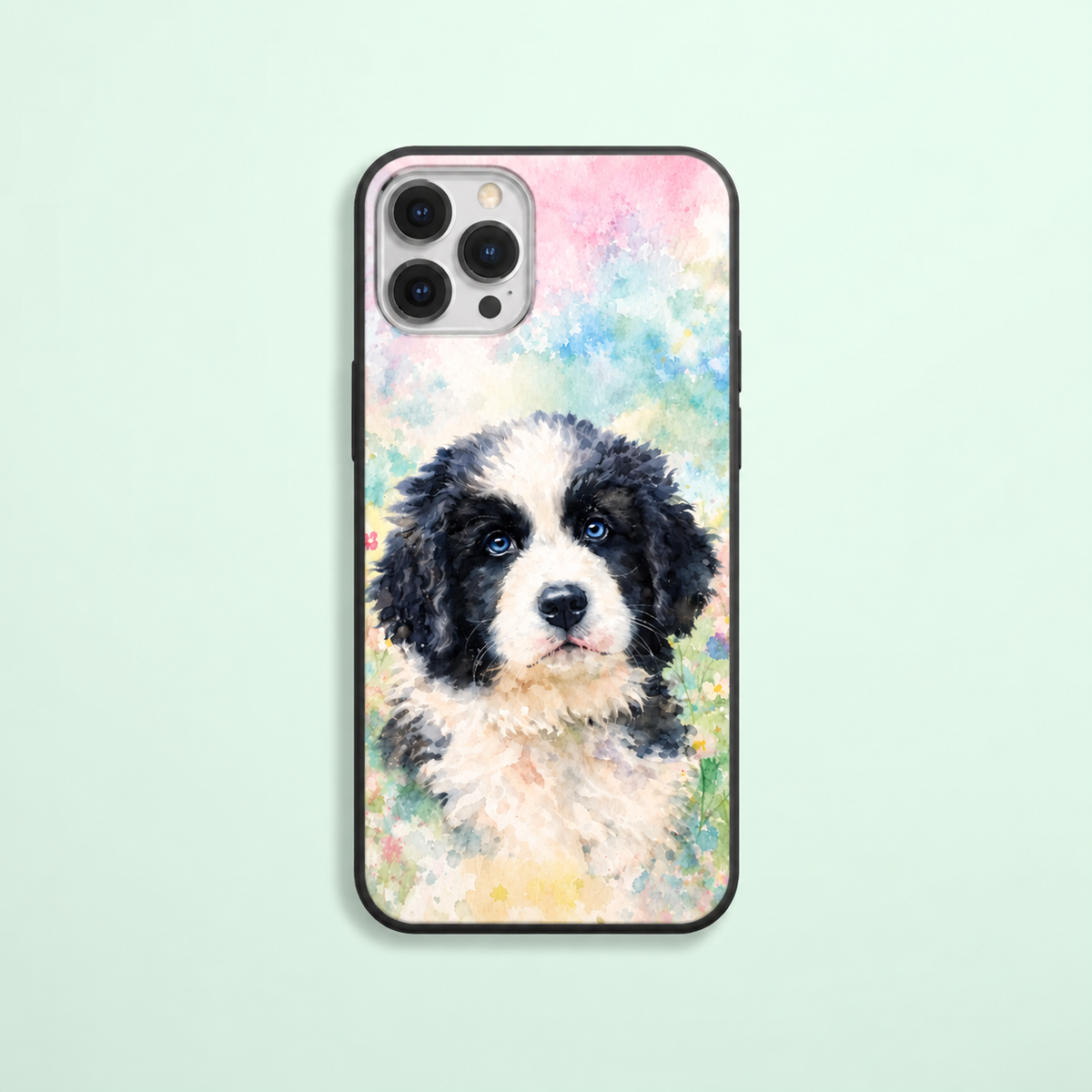 Cover per cellulare personalizzata con motivo di cane ad acquerello su sfondo chiaro.