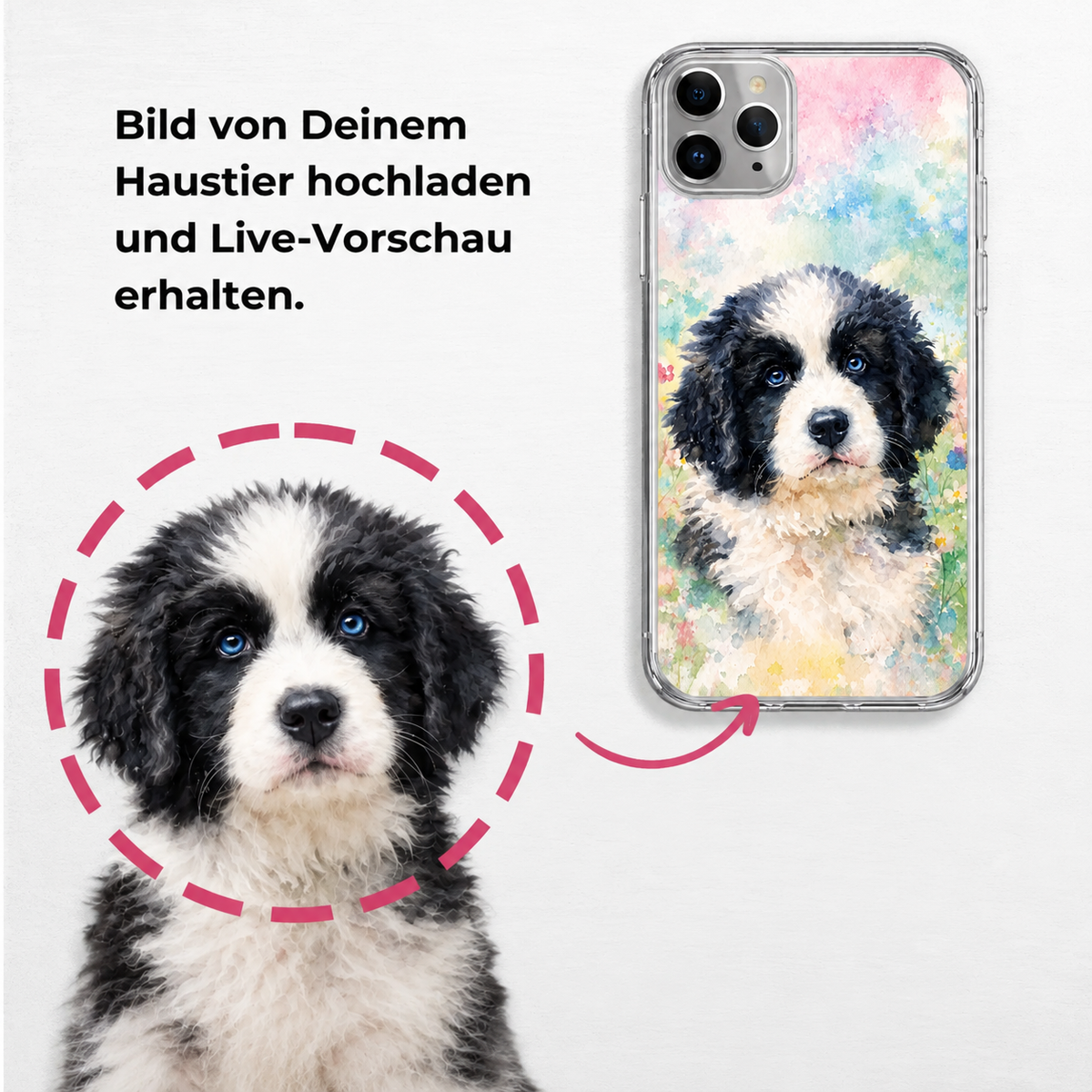 Cover per cellulare personalizzata con stampa ad acquerello di un ritratto di cane su sfondo trasparente.