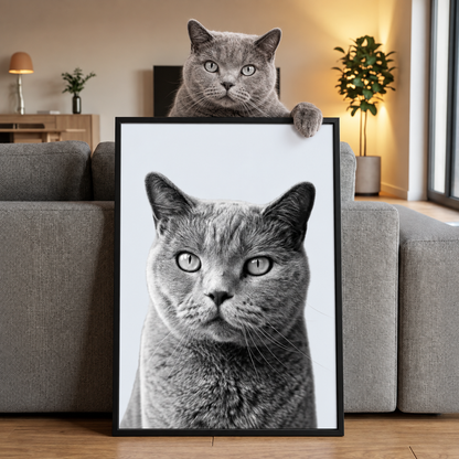 Ritratto grigio di animale in cornice nera, presentato da un gatto simile.