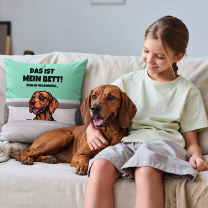 Cuscino personalizzato con motivo di cane verde menta e grigio, con una ragazza e il suo cane sul divano.