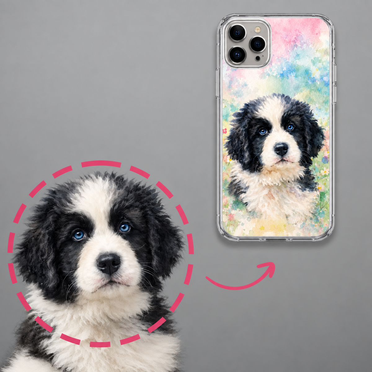 Cover per cellulare personalizzata con stampa ad acquerello di un cane in rosa e verde.