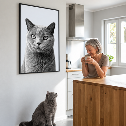 Persona sorridente che mostra un ritratto personalizzato di un gatto grigio alla parete.