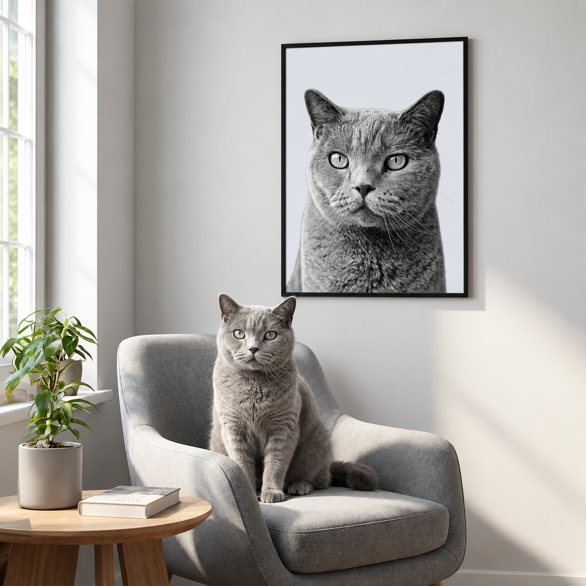 Gatto grigio seduto su una poltrona davanti a un poster incorniciato con ritratto di gatto in bianco e nero.