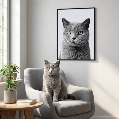Gatto grigio seduto su una poltrona davanti a un poster incorniciato con ritratto di gatto in bianco e nero.