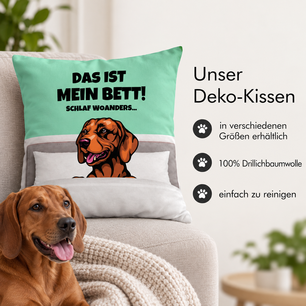 Cuscino verde menta personalizzabile con motivo di cane e testo, 100% cotone drill.