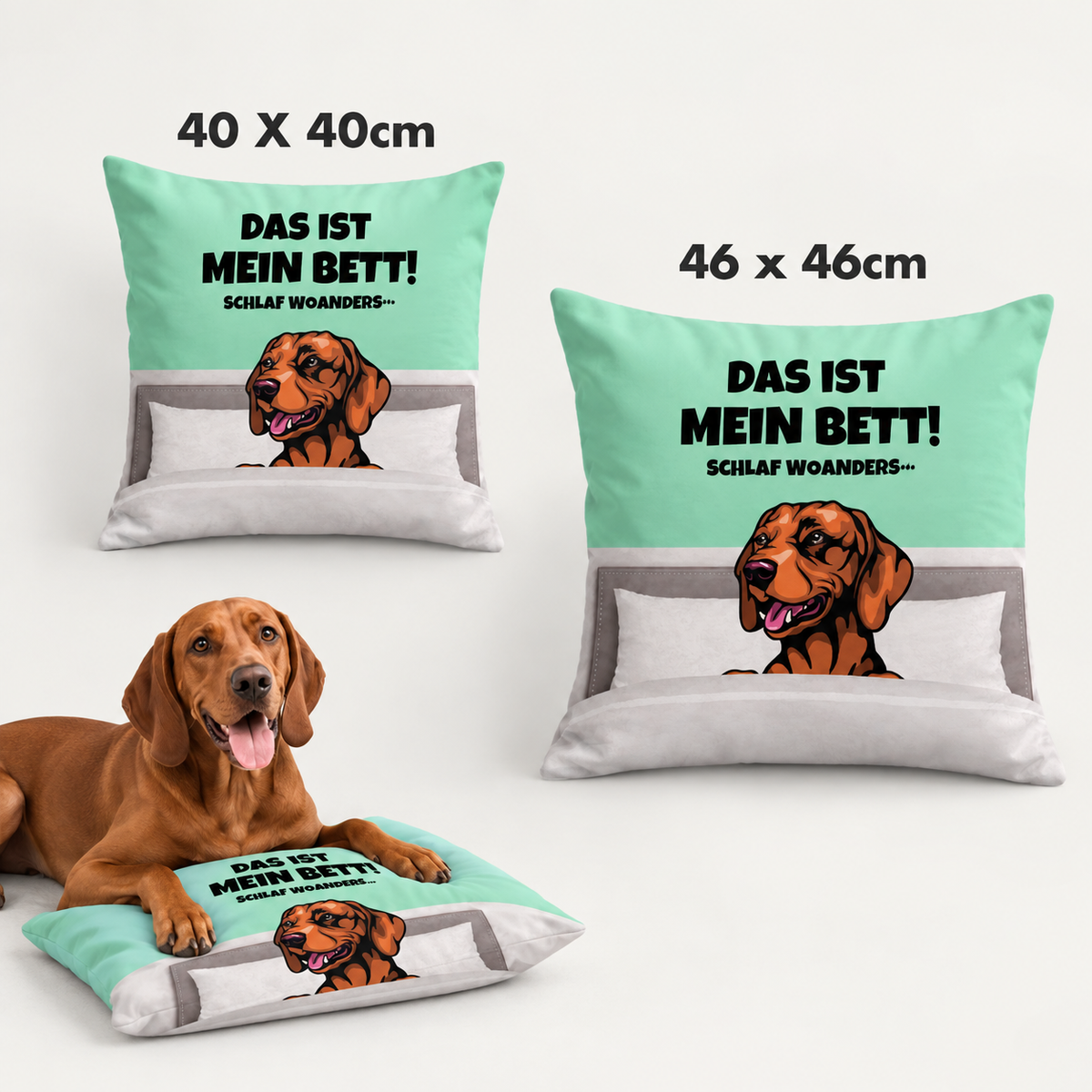 Cuscino verde menta personalizzato con motivo di cane e scritta, disponibile in 40x40 cm e 46x46 cm.
