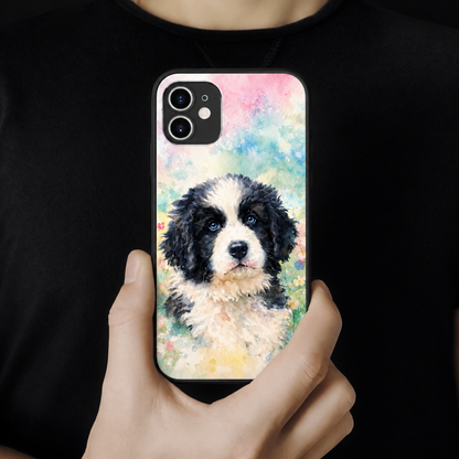 Cover per cellulare personalizzata con motivo di cane ad acquerello in tonalità vivaci.