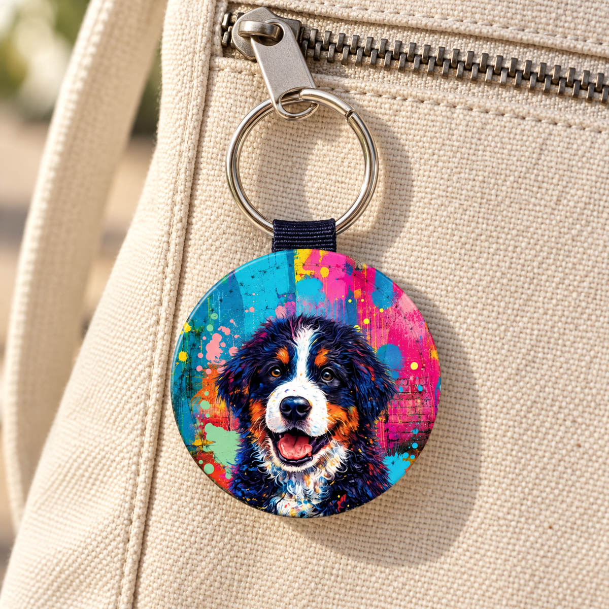 Portachiavi rotondo con colorato design street art di un cane, attaccato a una borsa.