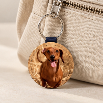 Portachiavi rotondo con foto di cane personalizzata, grigio con laccetto blu.