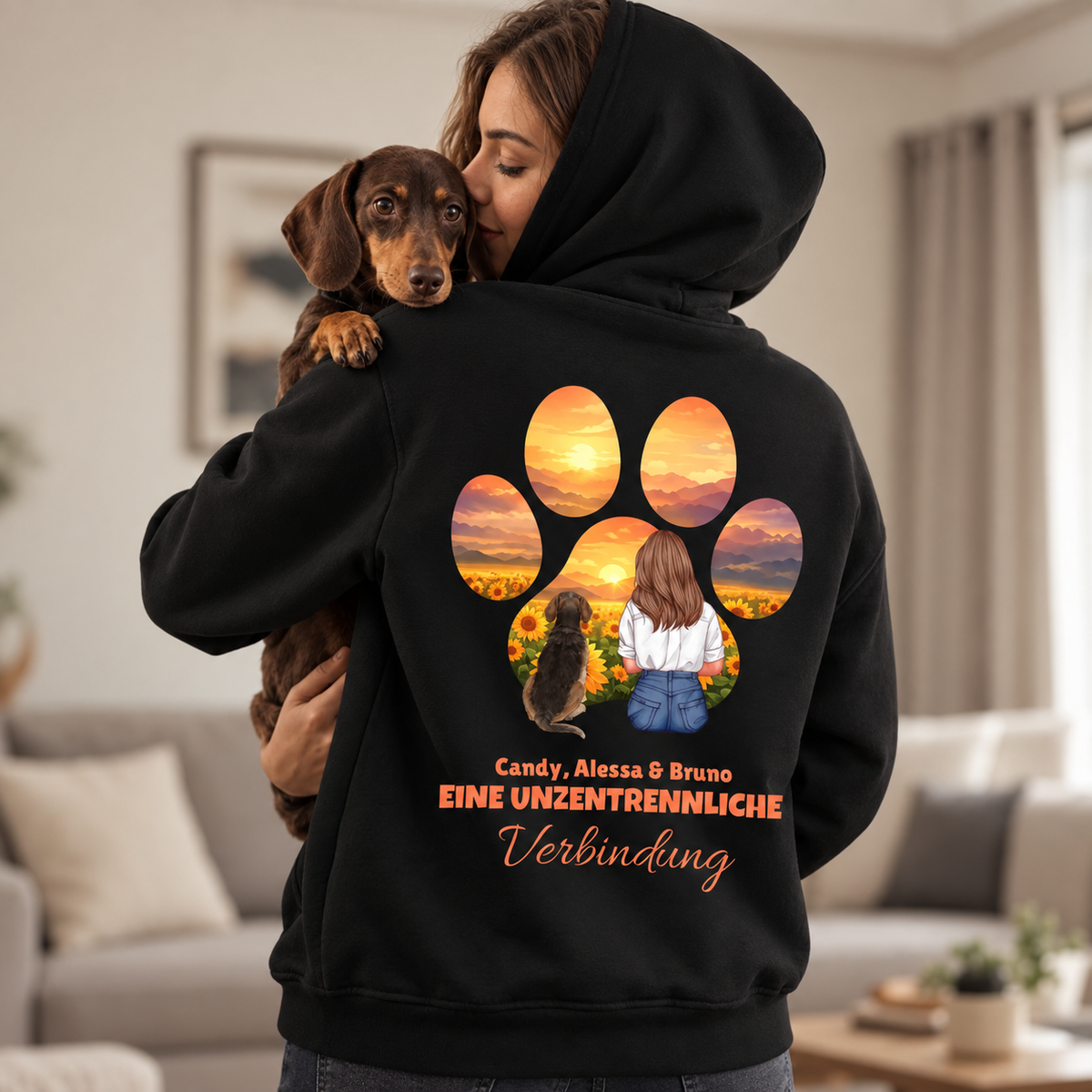 Felpa con cappuccio nera con motivo di zampa e tramonto, personalizzabile.