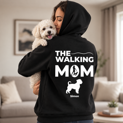 Felpa con cappuccio nera con il testo "THE WALKING MOM", una grafica di una donna con un cane e il nome "Simon".