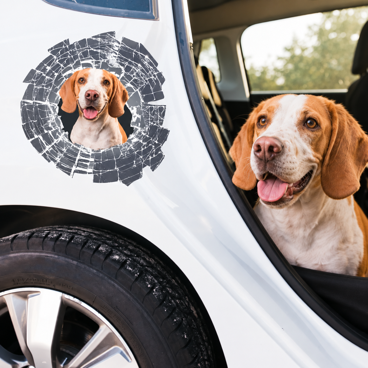 Adesivo per auto personalizzato con foto di un cane che sbircia da una crepa, su un'auto bianca.
