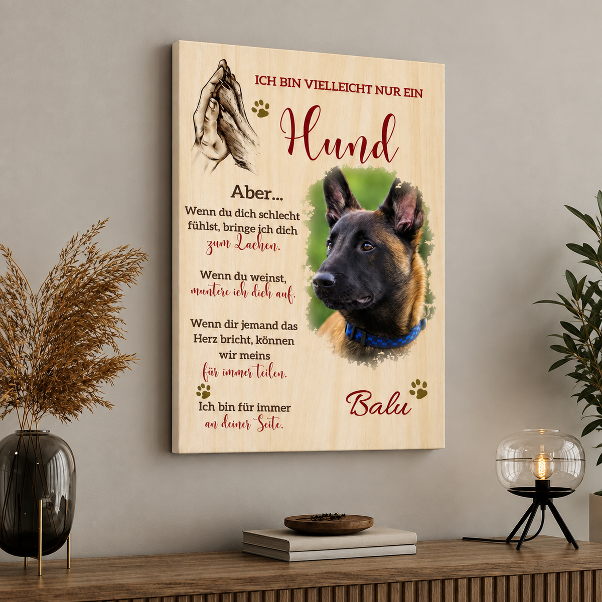 Tela personalizzata con motivo di cane e testo sulla fedeltà e il sostegno dei cani.