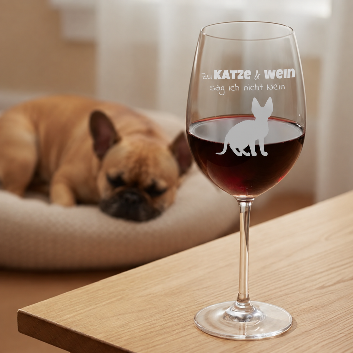 Bicchiere da vino personalizzato con motivo di gatto e testo, riempito di vino rosso, su un tavolo di legno. Un cane dorme sullo sfondo.