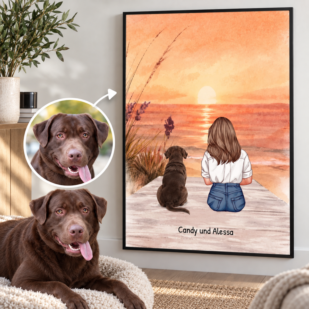 Arte da parete personalizzata con una donna e il suo cane al mare al tramonto.