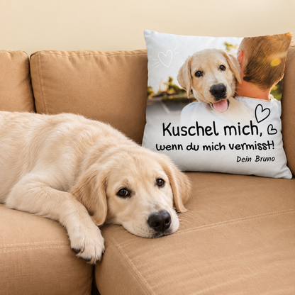 Cuscino personalizzato con scritta e foto di un cane, su un divano accanto a un labrador.