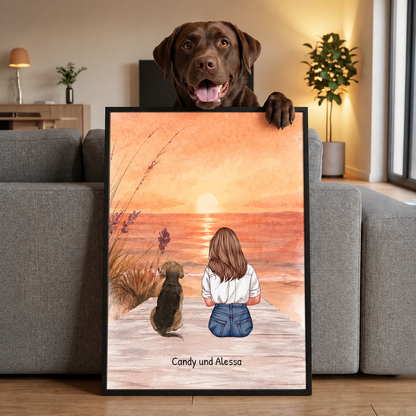 Illustrazione di poster personalizzato con una donna e il suo cane in spiaggia al tramonto.