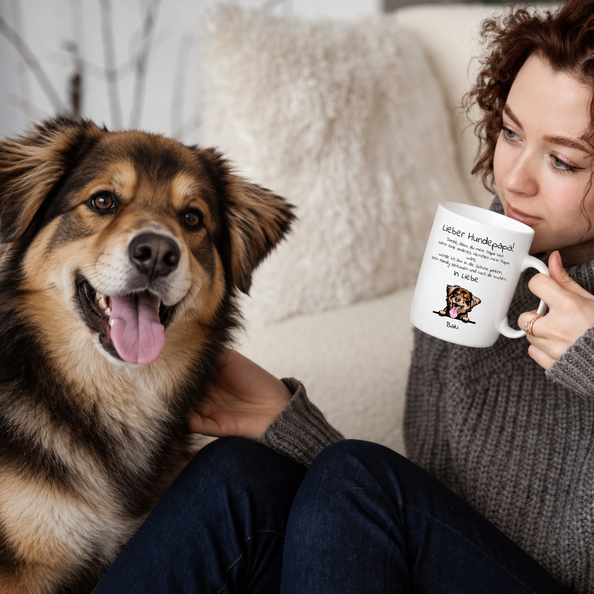 Persona con cane che tiene una tazza bianca con il testo "Lieber Hundepapa".