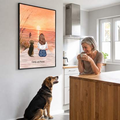 Illustrazione di poster personalizzato con una donna e un cane in spiaggia al tramonto.