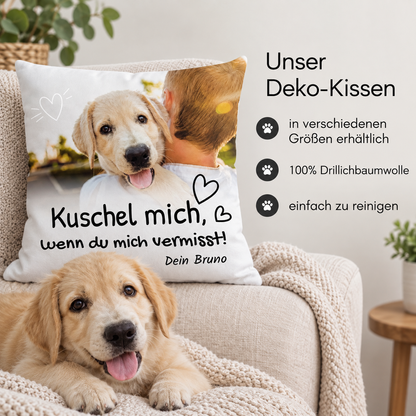 Cuscino personalizzabile con motivo di cane, 100% cotone drill, con un messaggio «mi manchi».