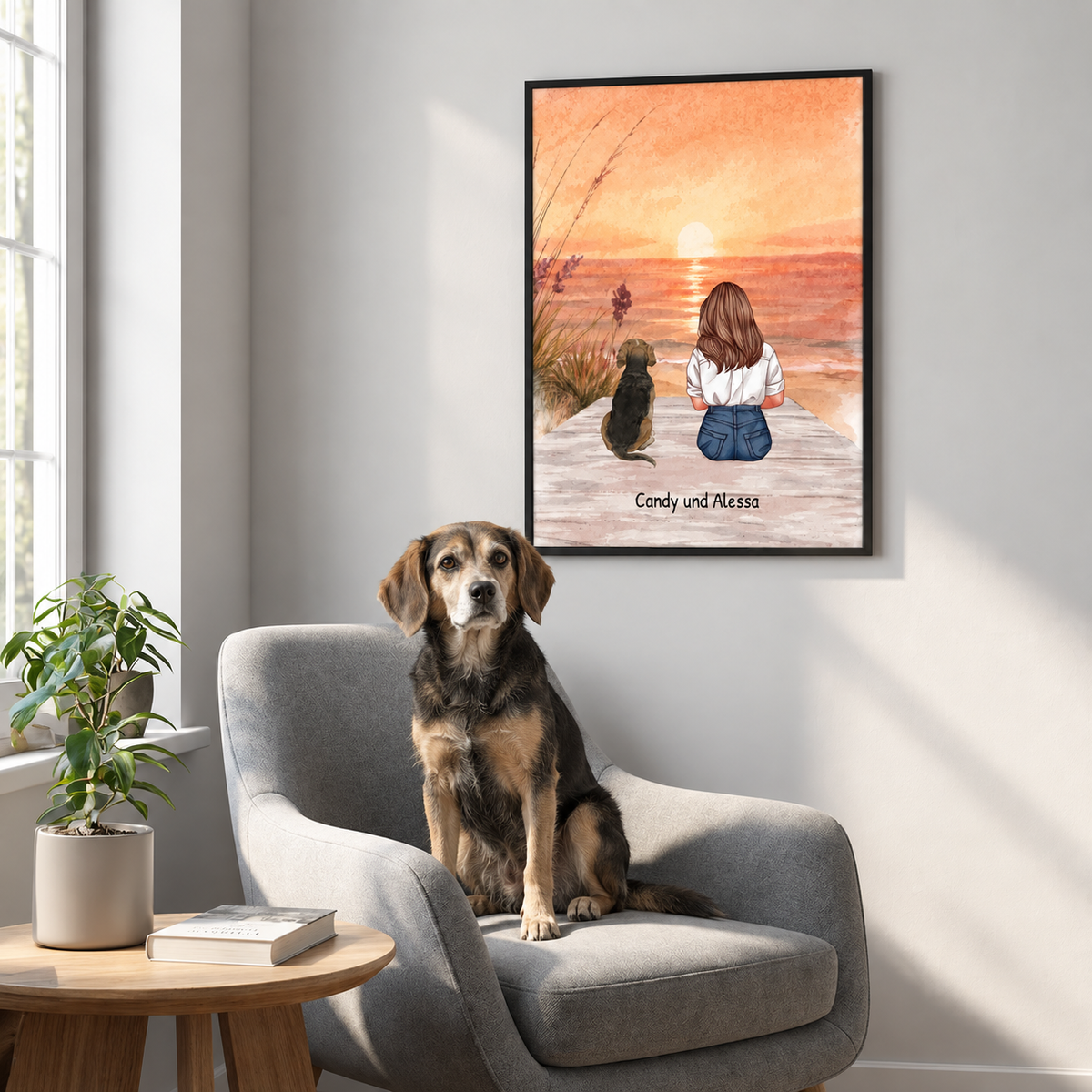 Arte da parete personalizzata di una ragazza con un cane, dipinta al tramonto, in una cornice moderna.