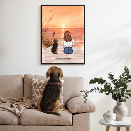 Poster personalizzato con cornice di una ragazza e un cane in spiaggia al tramonto.