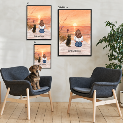 Poster personalizzati di cane e persona in spiaggia al tramonto, in versioni con cornice nera.