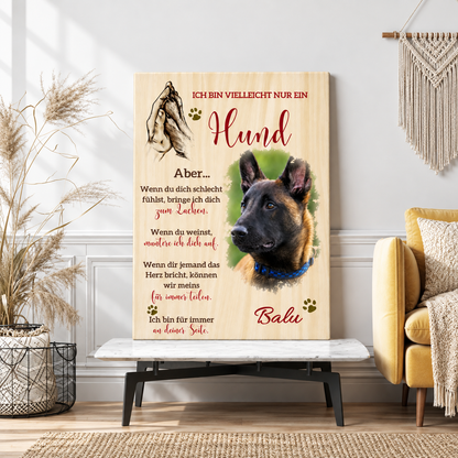 Tela personalizzata con foto di cane e testo emozionante effetto legno. Dettagli colorati e impronta.