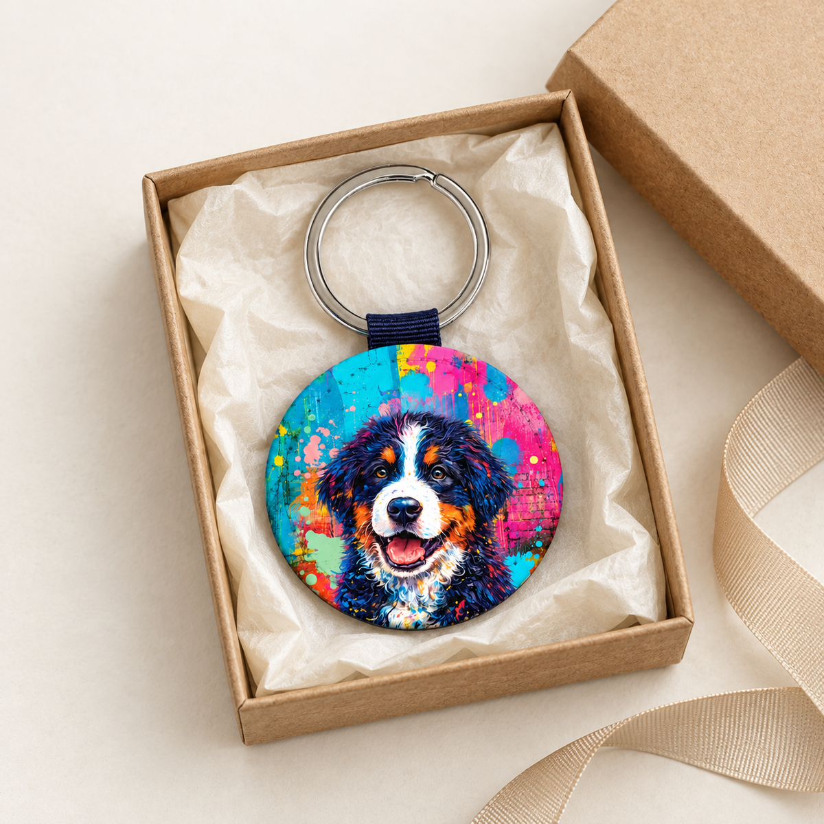 Portachiavi rotondo con motivo di cane colorato, in una scatola regalo con carta velina.