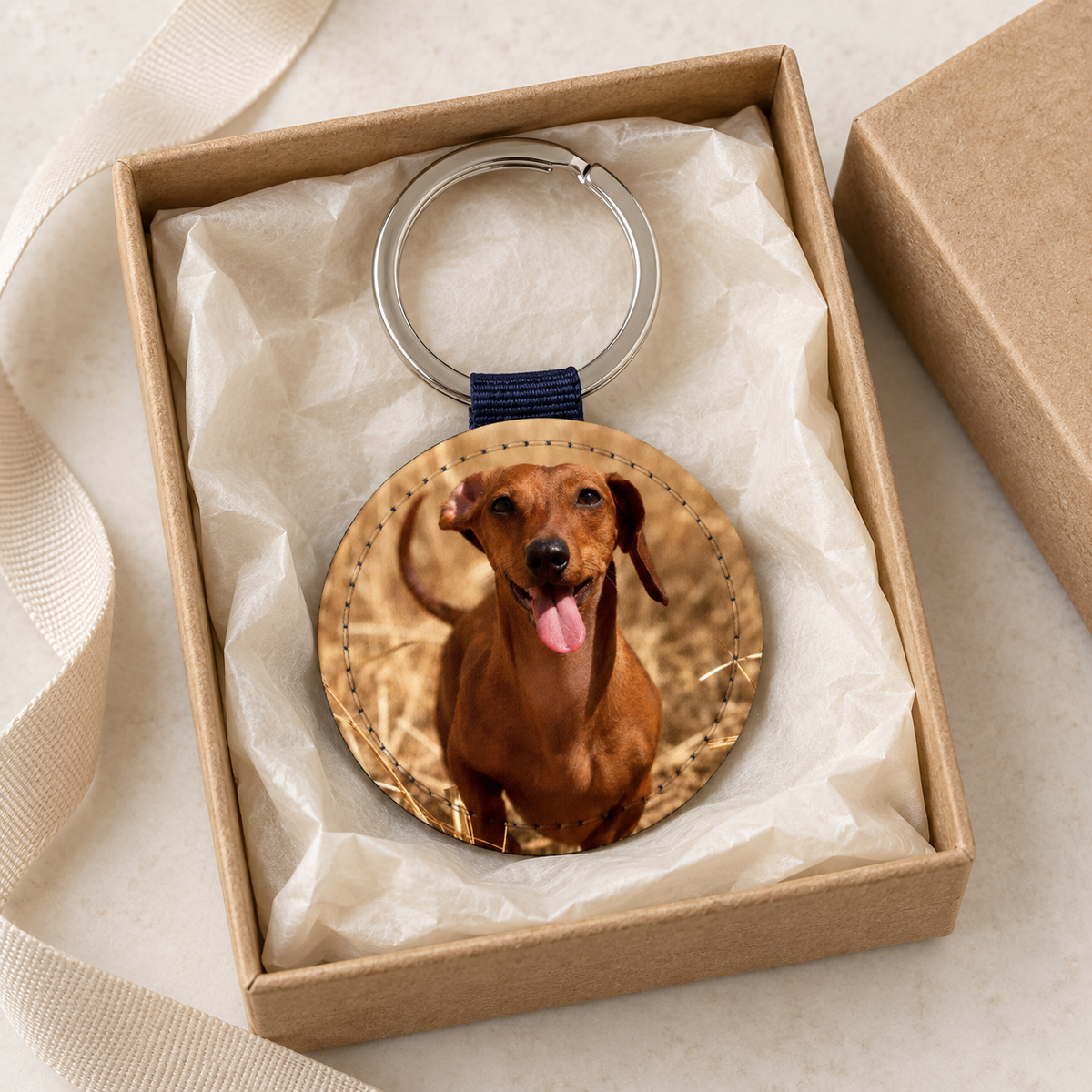 Portachiavi rotondo personalizzato con foto di un cane in una scatola regalo.