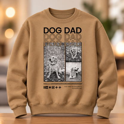 Felpa beige con la scritta "DOG DAD" e tre foto in bianco e nero di un cane.