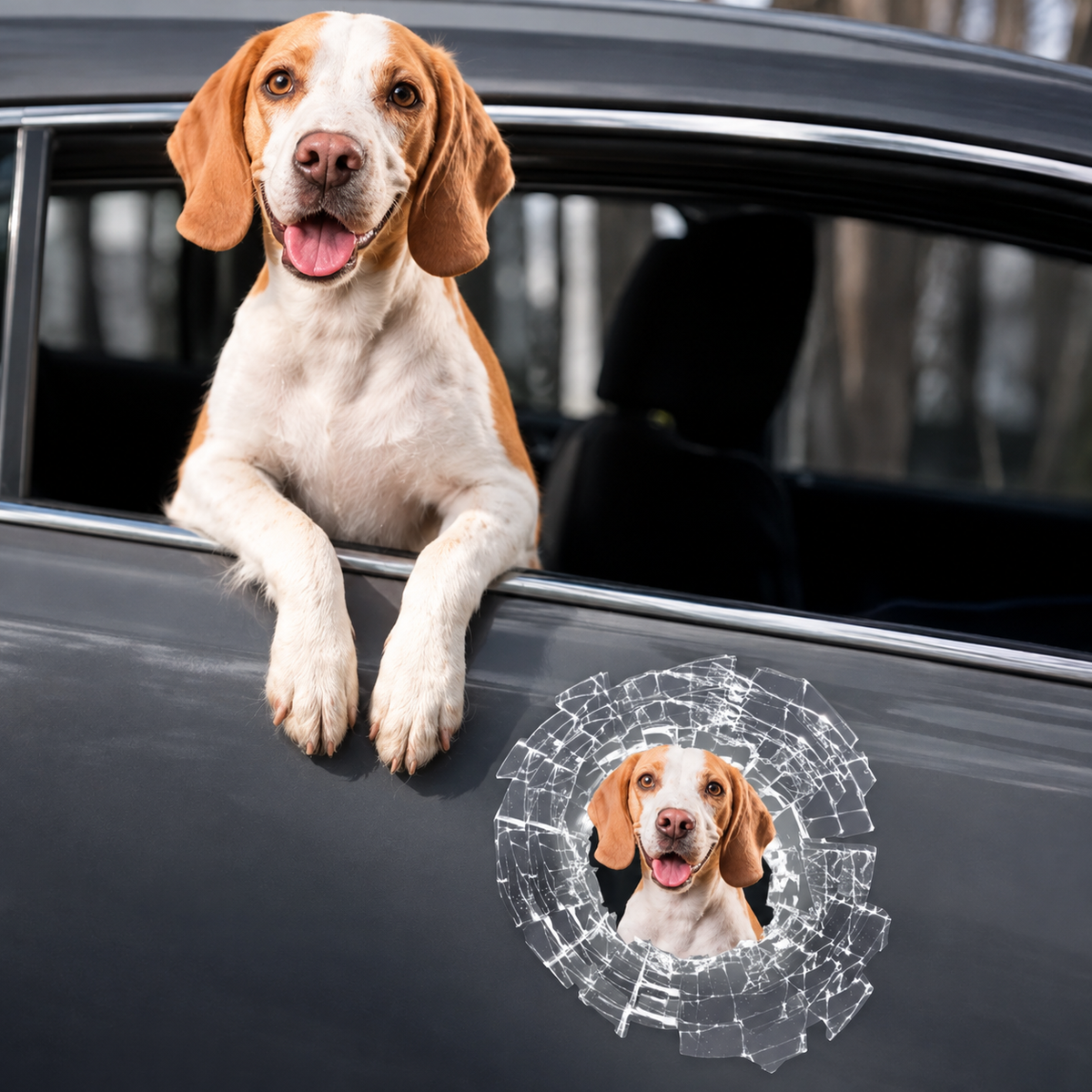 Adesivo per auto con un cane che sbircia in design a vetro rotto, sul finestrino di un'auto grigia.