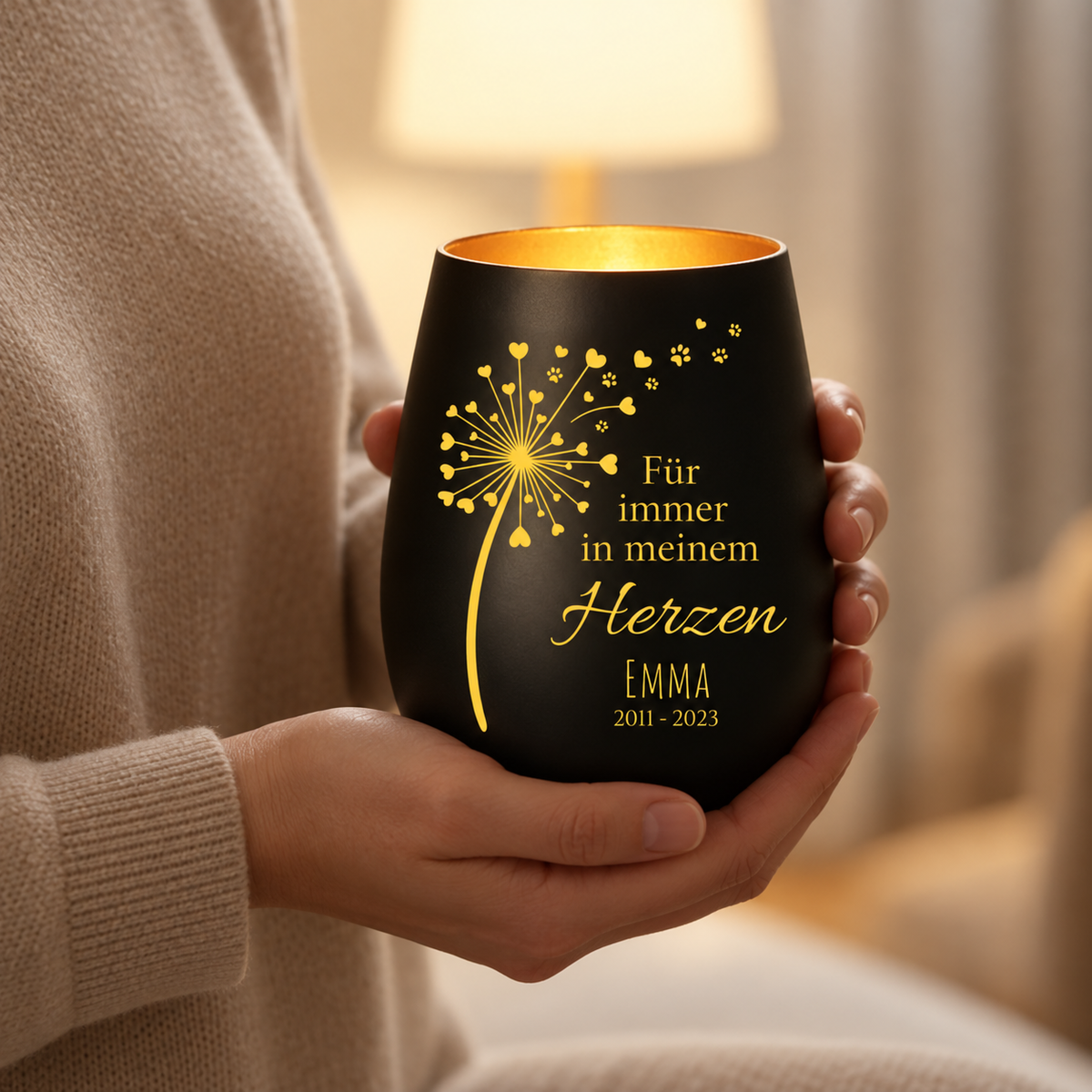 Candela nera personalizzata con incisione dorata e motivo di soffione per il lutto.